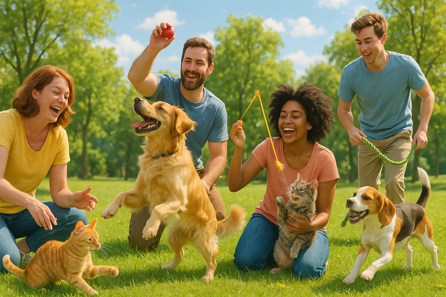 Dogs and Cats playing with their owners having fun