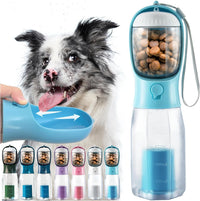 Portable Water Bottle for Dogs, 3 in 1 Pet Travel Bowl Dispenser with Food Treat Container & Poop Bag Holder, Summer Outdoor Walking Hiking Accessories for Large Dog on the Go - Blue, 20Oz