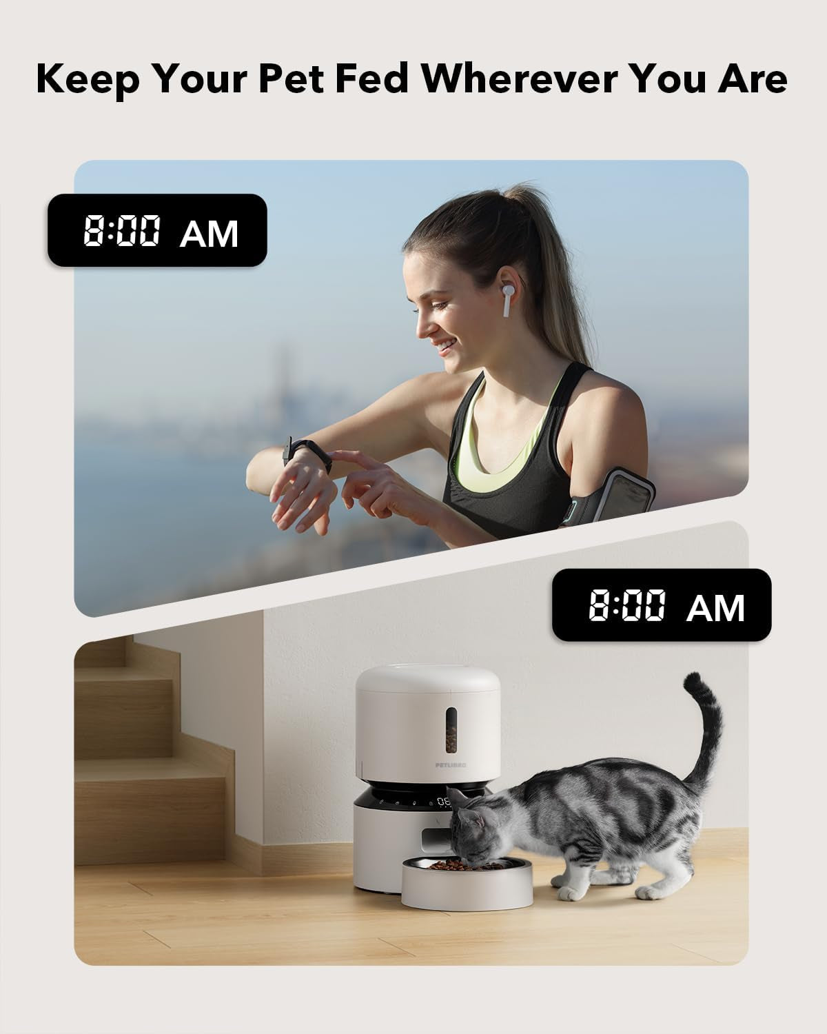Automatic Cat Feeder, Automatic Pet Food Dispenser with Freshness Preservation, Timed Dog Feeders for Dry Food, up to 50 Portions 6 Meals per Day, Granary White